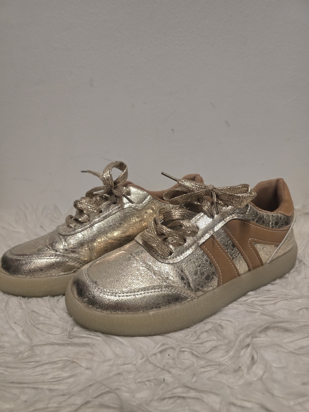 Metallic Gold Sneakers with Tan Accents